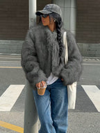Women's Cropped Faux Fur Jacket with Round Neck and Open Front