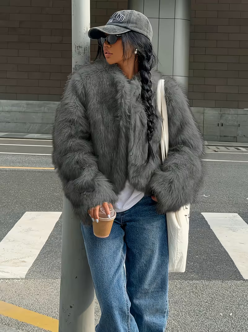 Women's Cropped Faux Fur Jacket with Round Neck and Open Front