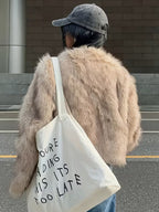 Women's Cropped Faux Fur Jacket with Round Neck and Open Front