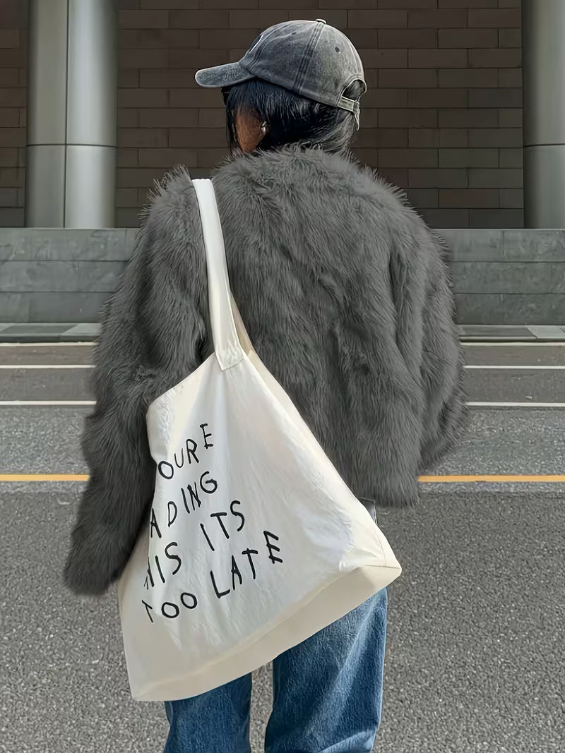 Women's Cropped Faux Fur Jacket with Round Neck and Open Front