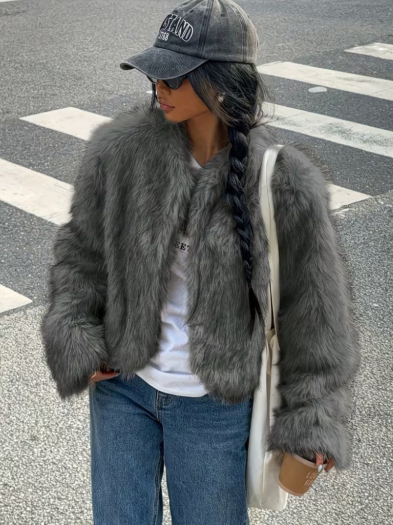Women's Cropped Faux Fur Jacket with Round Neck and Open Front