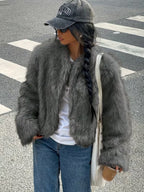 Women's Cropped Faux Fur Jacket with Round Neck and Open Front