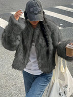 Women's Cropped Faux Fur Jacket with Round Neck and Open Front