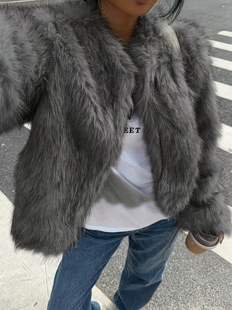 Women's Cropped Faux Fur Jacket with Round Neck and Open Front