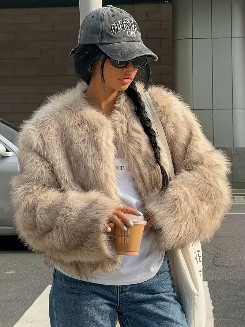 Women's Cropped Faux Fur Jacket with Round Neck and Open Front