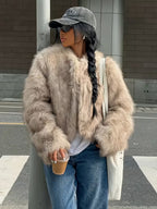 Women's Cropped Faux Fur Jacket with Round Neck and Open Front