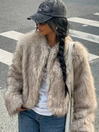 Women's Cropped Faux Fur Jacket with Round Neck and Open Front