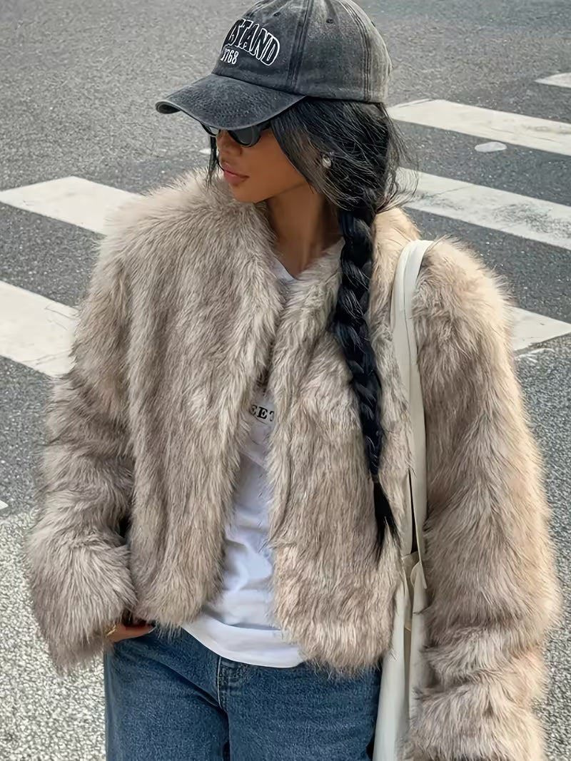 Women's Cropped Faux Fur Jacket with Round Neck and Open Front