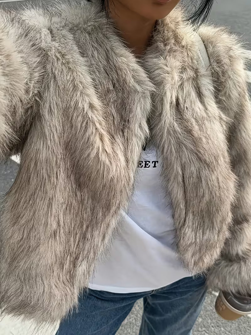 Women's Cropped Faux Fur Jacket with Round Neck and Open Front