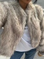 Women's Cropped Faux Fur Jacket with Round Neck and Open Front