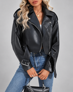 Women's Cropped Faux Leather Biker Jacket with Belt and Zip Front