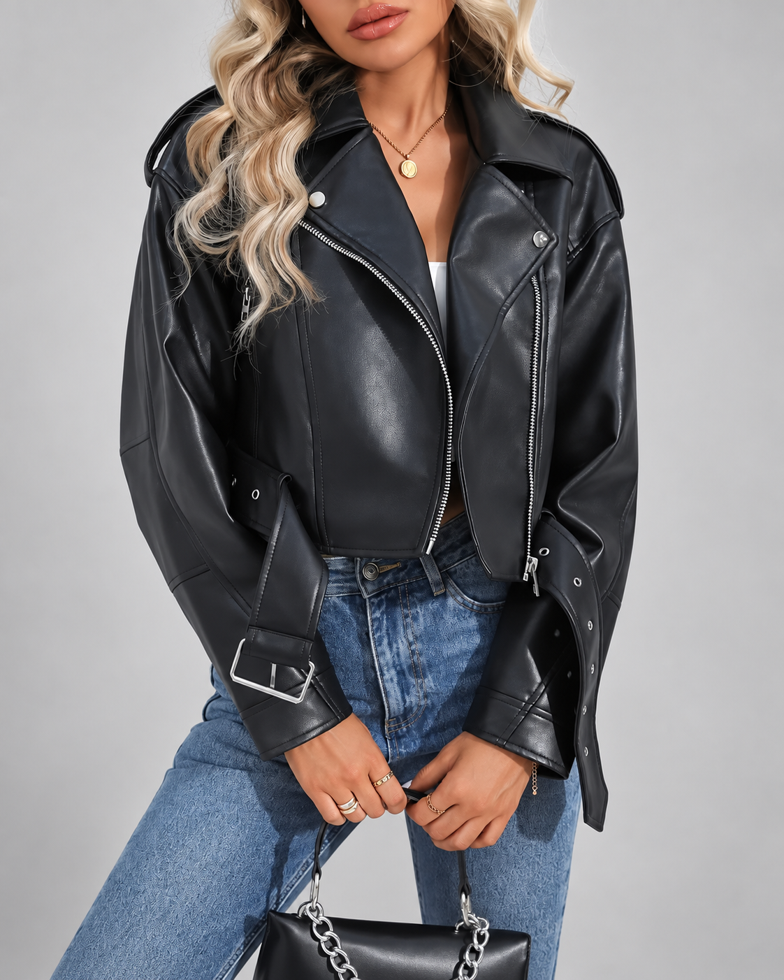Women's Cropped Faux Leather Biker Jacket with Belt and Zip Front