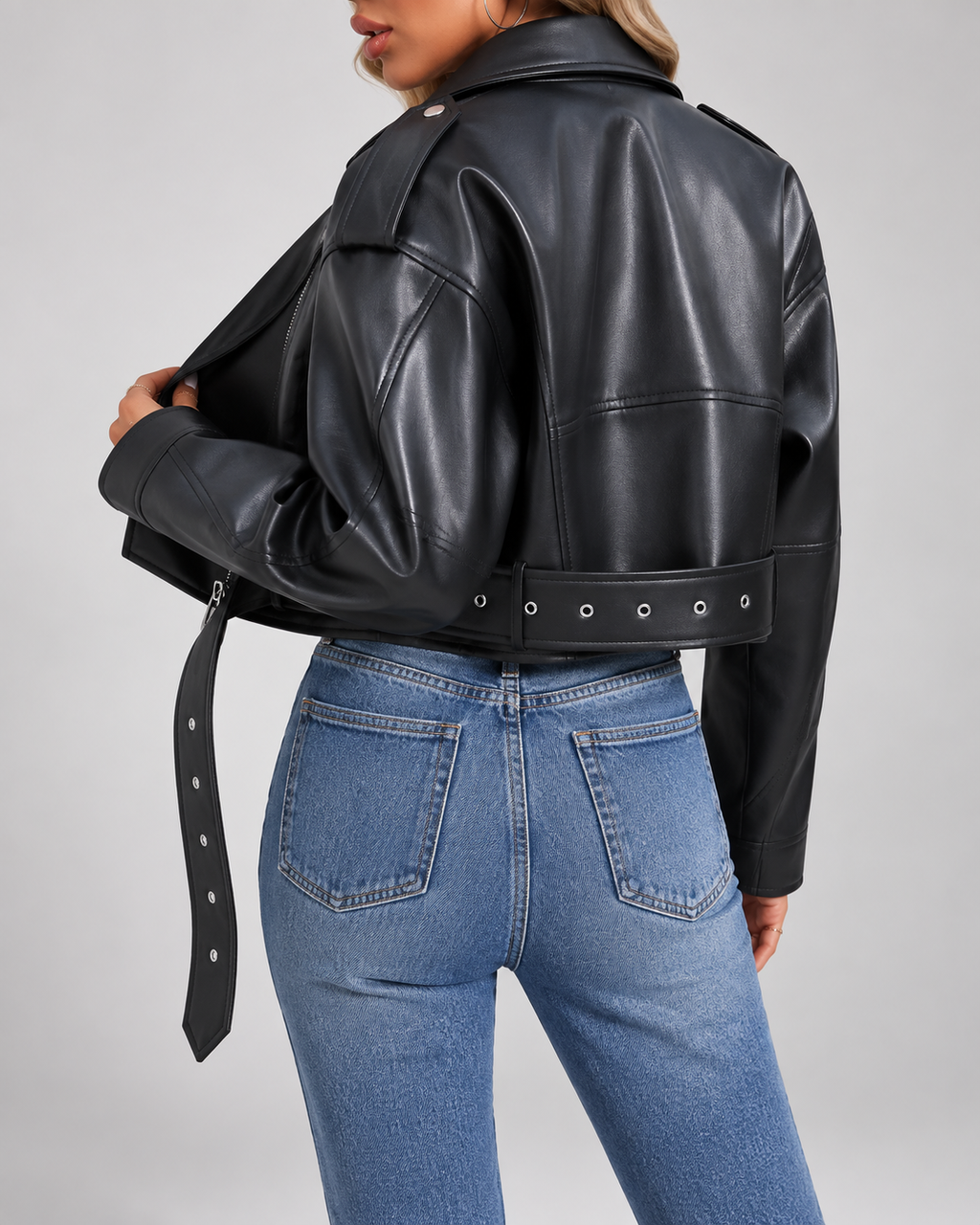 Women's Cropped Faux Leather Biker Jacket with Belt and Zip Front