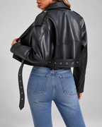 Women's Cropped Faux Leather Biker Jacket with Belt and Zip Front