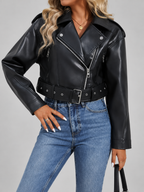 Women's Cropped Faux Leather Biker Jacket with Belt and Zip Front
