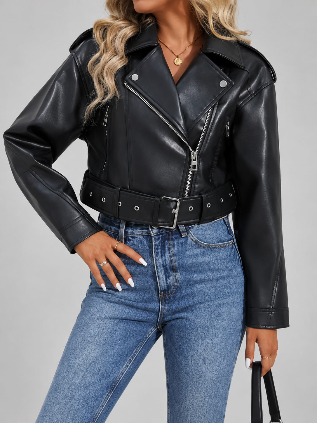 Women's Cropped Faux Leather Biker Jacket with Belt and Zip Front