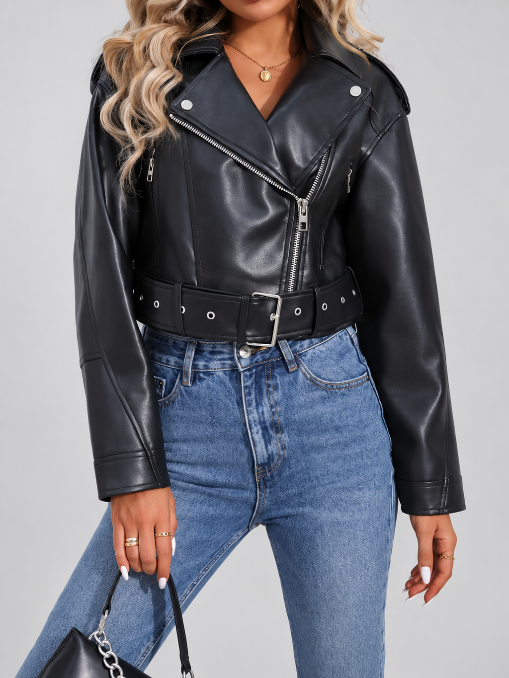 Women's Cropped Faux Leather Biker Jacket with Belt and Zip Front