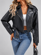 Women's Cropped Faux Leather Biker Jacket with Belt and Zip Front