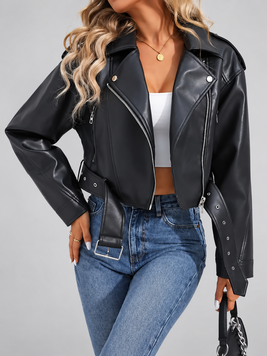 Women's Cropped Faux Leather Biker Jacket with Belt and Zip Front