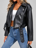 Women's Cropped Faux Leather Biker Jacket with Belt and Zip Front