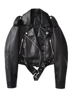 Women's Cropped Faux Leather Biker Jacket with Zip Front and Belted Hem