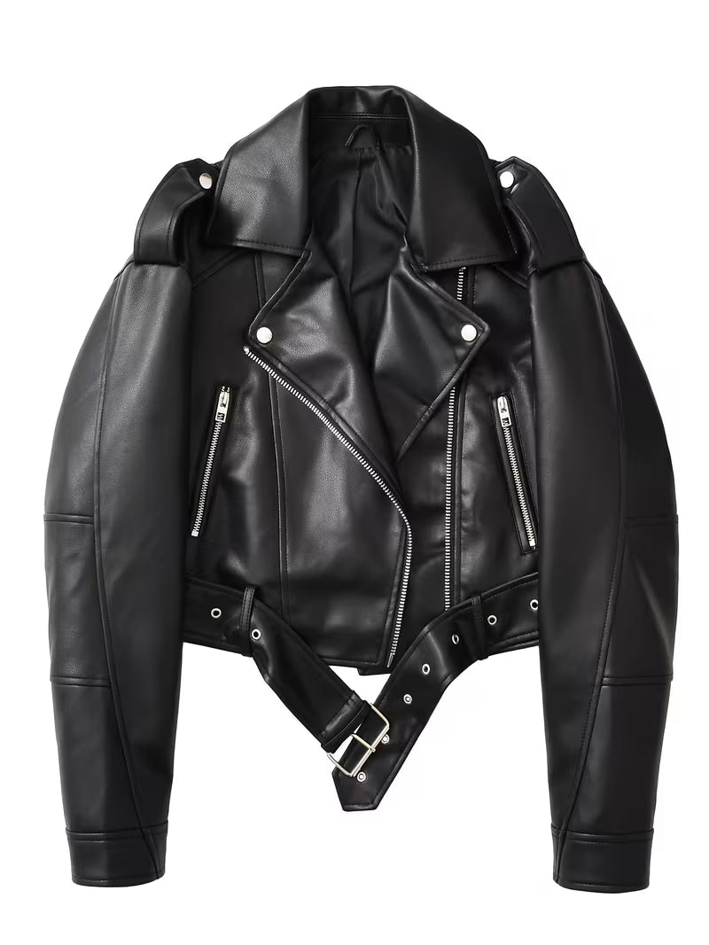 Women's Cropped Faux Leather Biker Jacket with Zip Front and Belted Hem