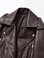 Women's Cropped Faux Leather Biker Jacket with Zip Front and Belted Hem