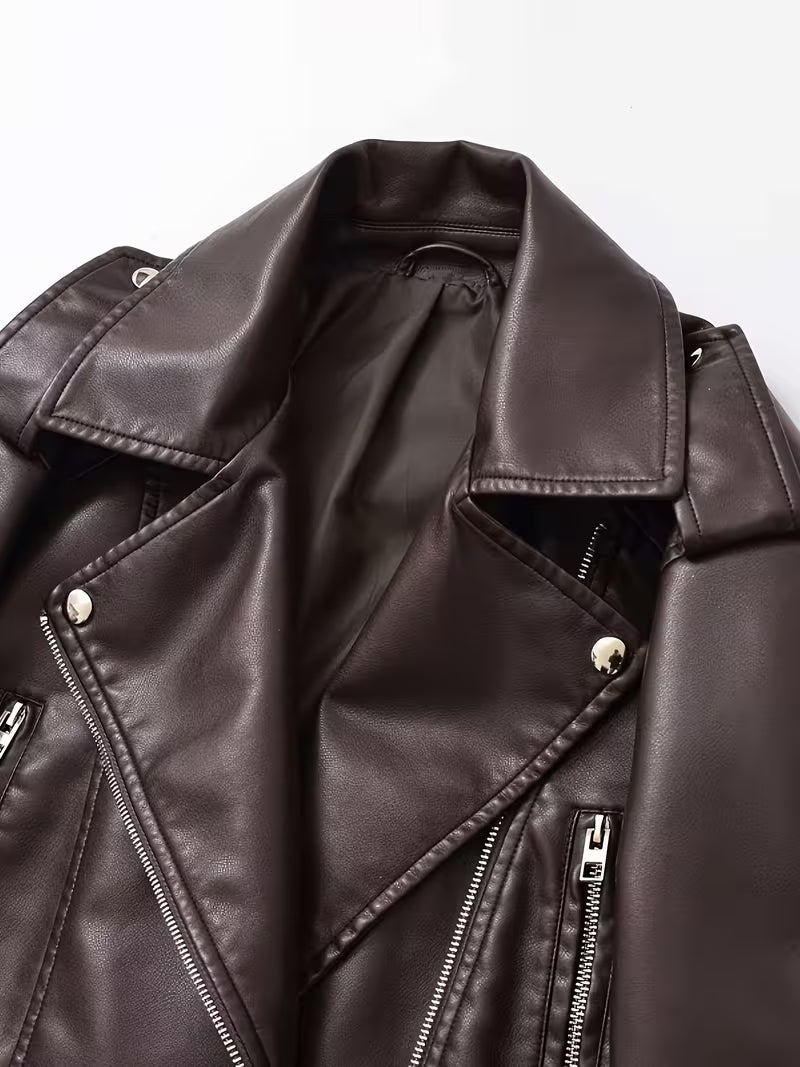 Women's Cropped Faux Leather Biker Jacket with Zip Front and Belted Hem