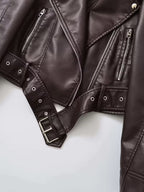 Women's Cropped Faux Leather Biker Jacket with Zip Front and Belted Hem