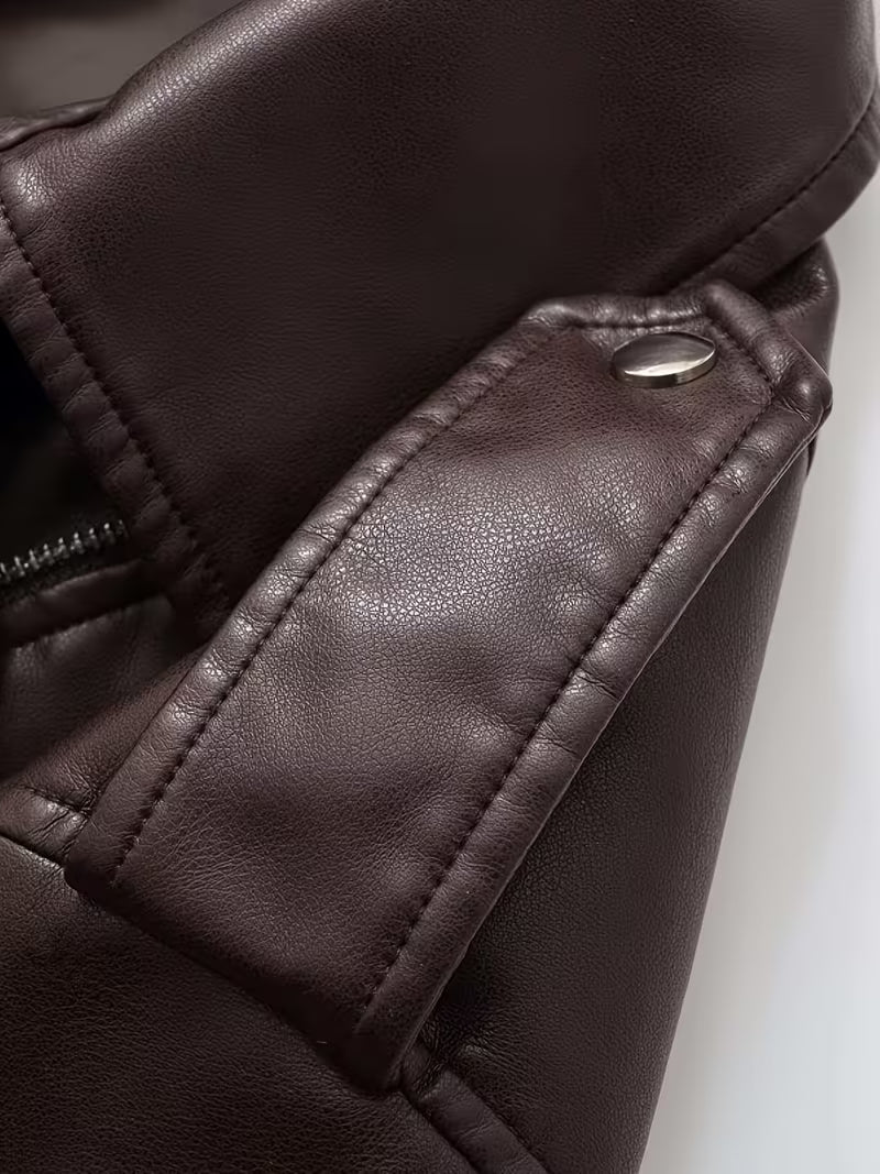 Women's Cropped Faux Leather Biker Jacket with Zip Front and Belted Hem