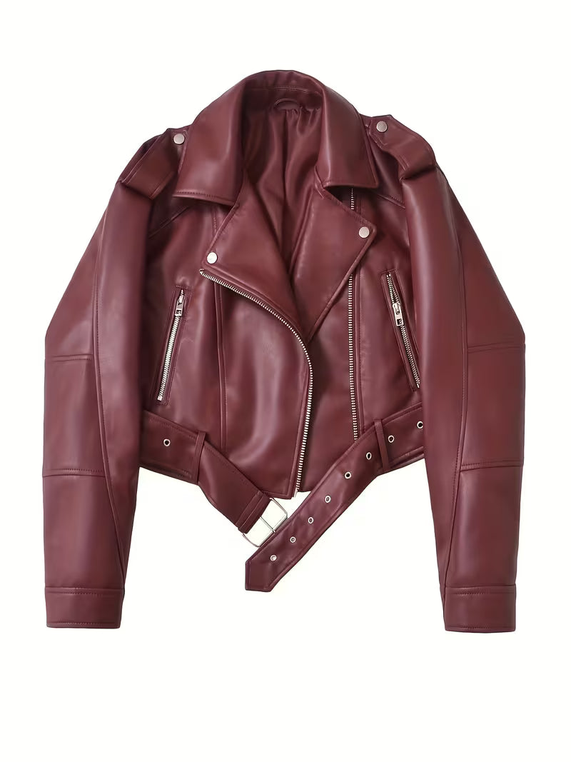 Women's Cropped Faux Leather Biker Jacket with Zip Front and Belted Hem