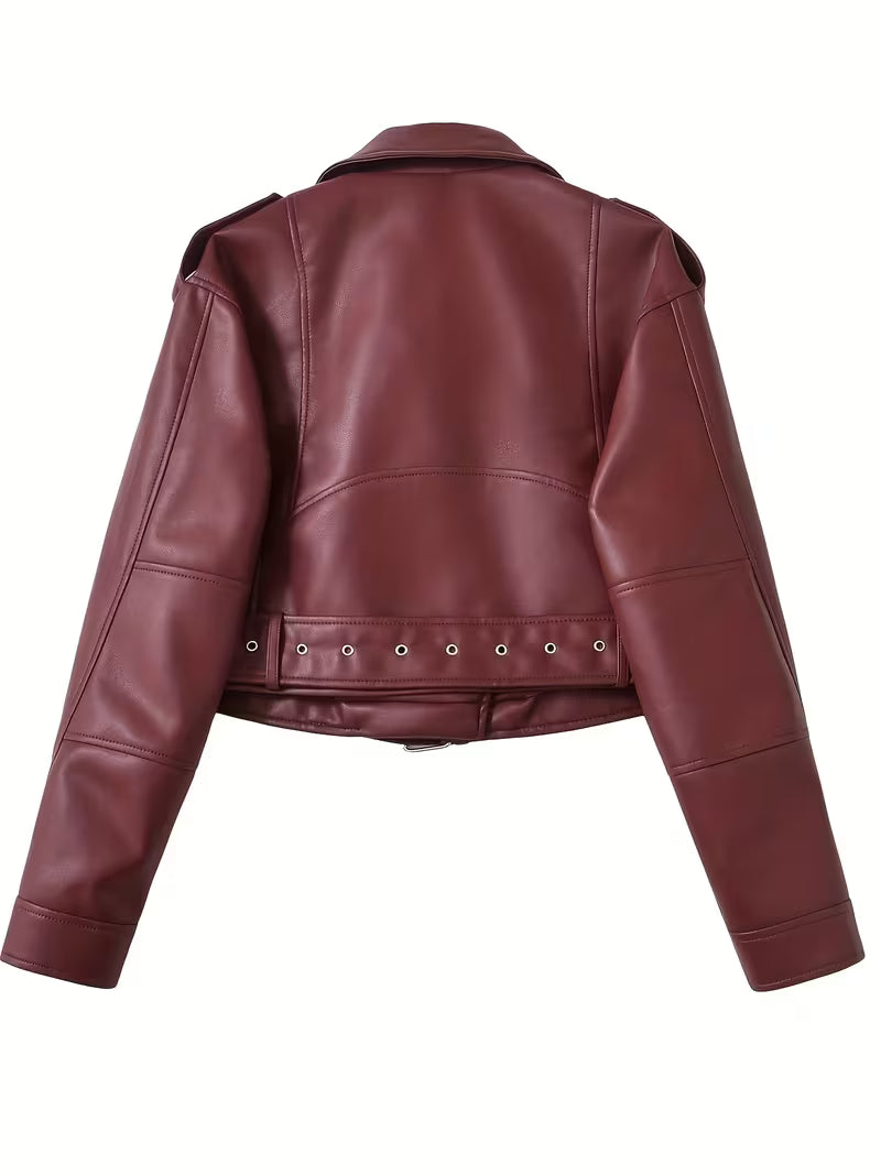Women's Cropped Faux Leather Biker Jacket with Zip Front and Belted Hem
