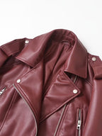 Women's Cropped Faux Leather Biker Jacket with Zip Front and Belted Hem