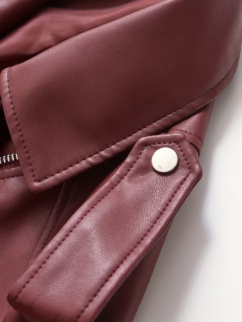 Women's Cropped Faux Leather Biker Jacket with Zip Front and Belted Hem