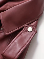 Women's Cropped Faux Leather Biker Jacket with Zip Front and Belted Hem