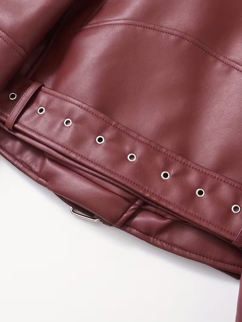 Women's Cropped Faux Leather Biker Jacket with Zip Front and Belted Hem