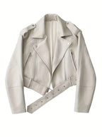 Women's Cropped Faux Leather Biker Jacket with Zip Front and Belted Hem