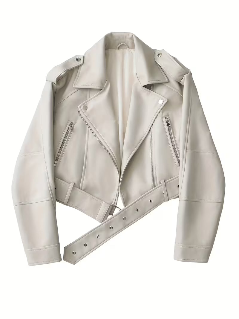 Women's Cropped Faux Leather Biker Jacket with Zip Front and Belted Hem