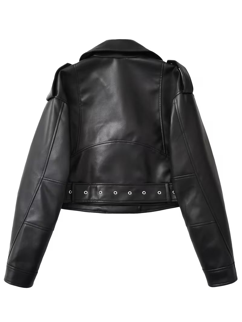 Women's Cropped Faux Leather Biker Jacket with Zip Front and Belted Hem