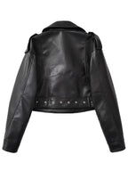 Women's Cropped Faux Leather Biker Jacket with Zip Front and Belted Hem