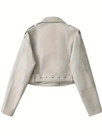 Women's Cropped Faux Leather Biker Jacket with Zip Front and Belted Hem