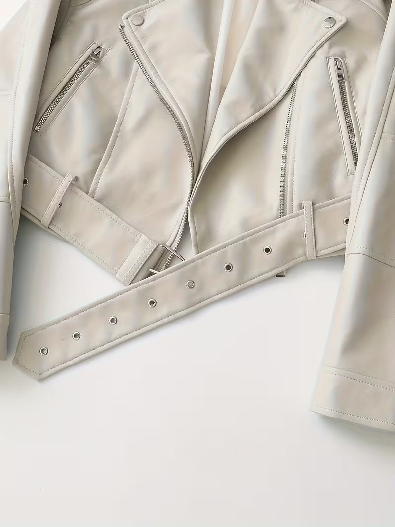Women's Cropped Faux Leather Biker Jacket with Zip Front and Belted Hem