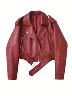 Women's Cropped Faux Leather Biker Jacket with Zip Front and Belted Hem
