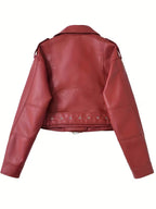 Women's Cropped Faux Leather Biker Jacket with Zip Front and Belted Hem