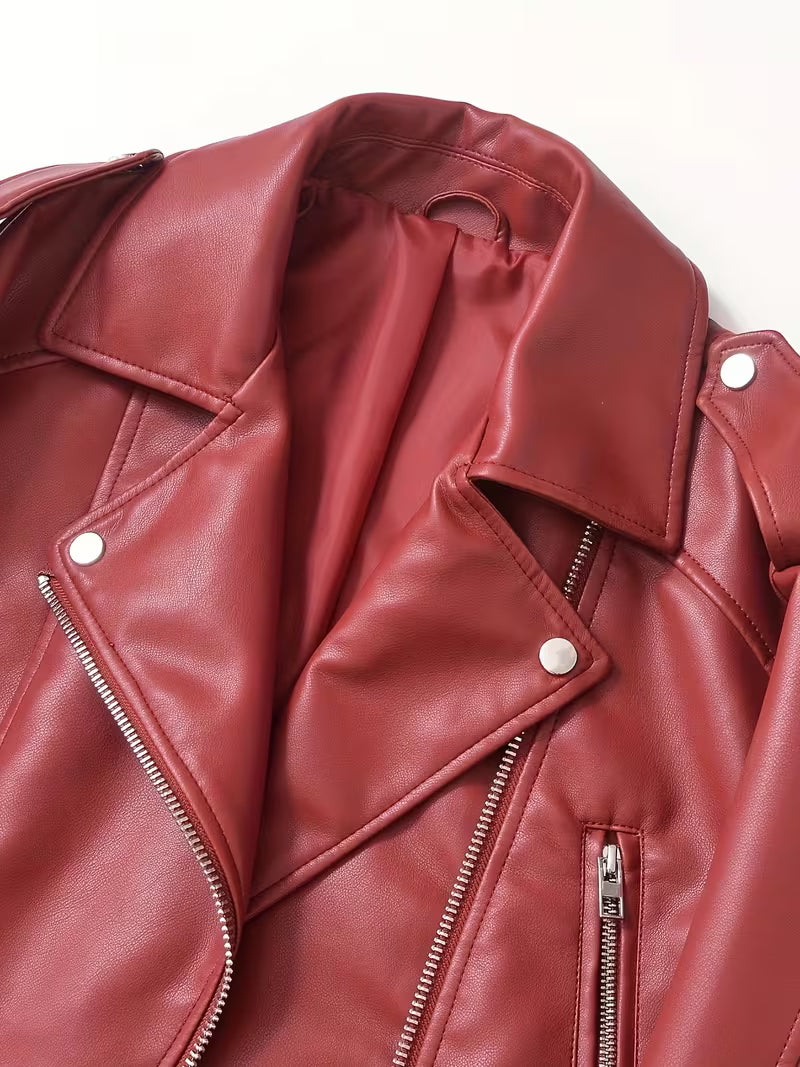Women's Cropped Faux Leather Biker Jacket with Zip Front and Belted Hem