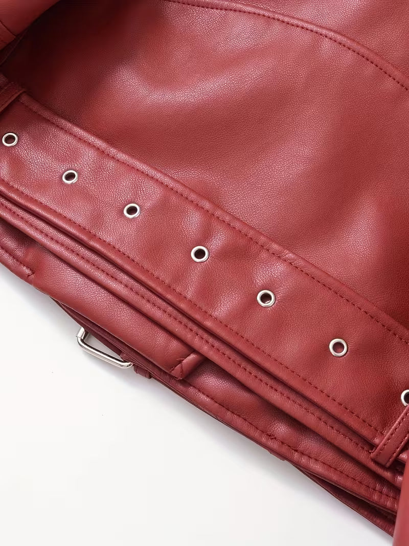 Women's Cropped Faux Leather Biker Jacket with Zip Front and Belted Hem