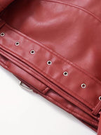 Women's Cropped Faux Leather Biker Jacket with Zip Front and Belted Hem
