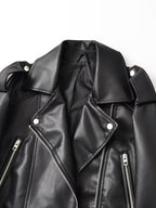 Women's Cropped Faux Leather Biker Jacket with Zip Front and Belted Hem