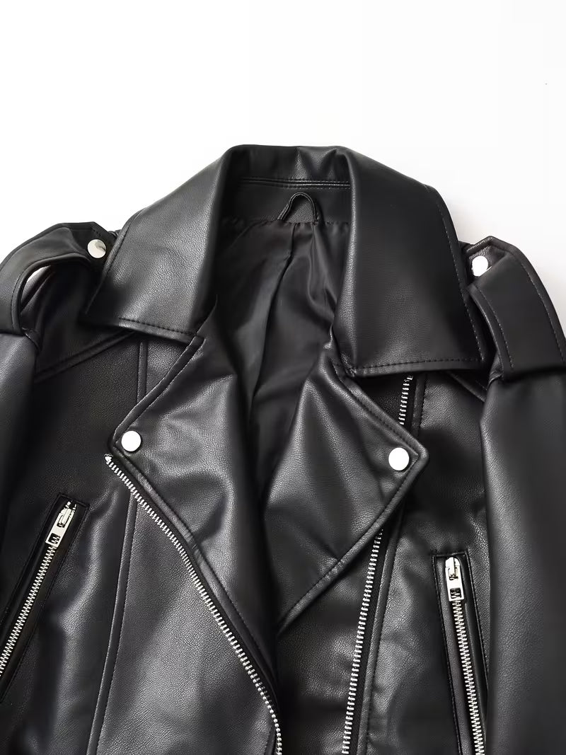 Women's Cropped Faux Leather Biker Jacket with Zip Front and Belted Hem