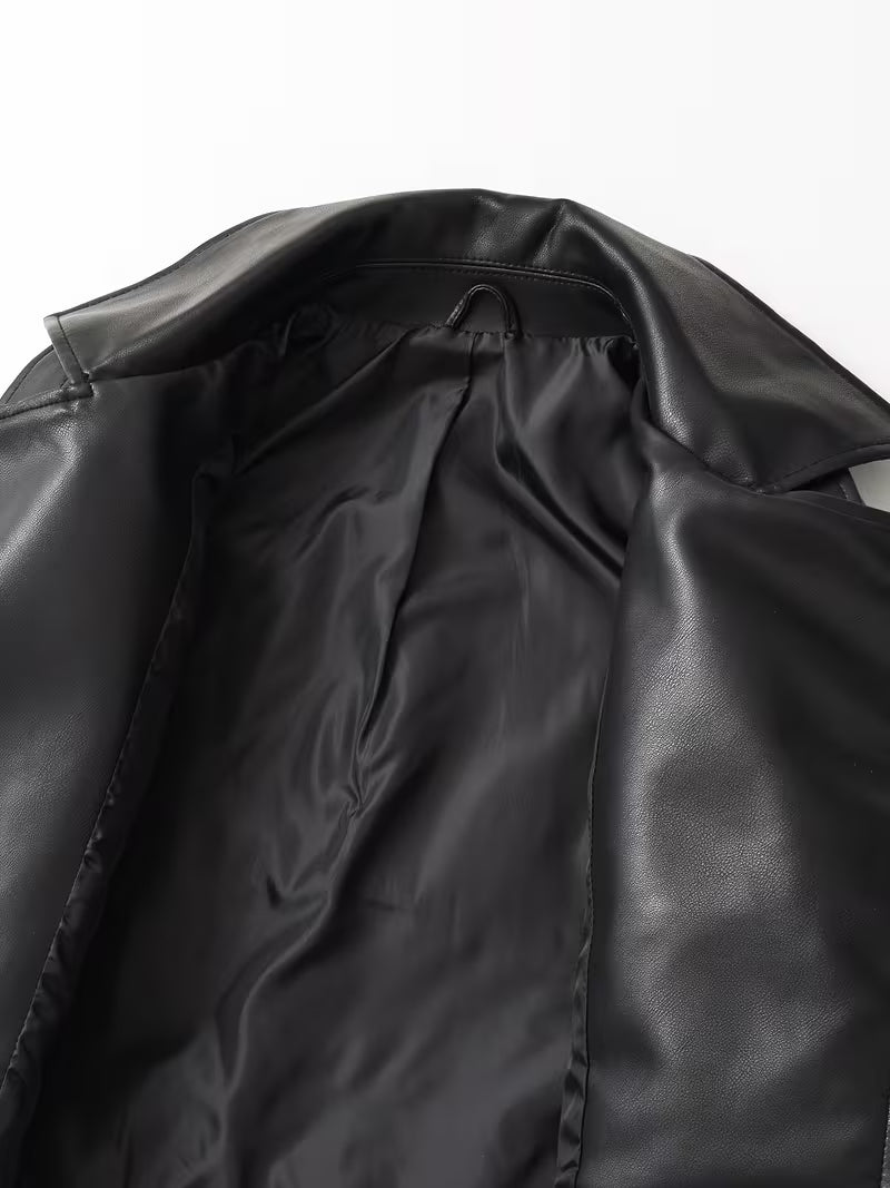 Women's Cropped Faux Leather Biker Jacket with Zip Front and Belted Hem